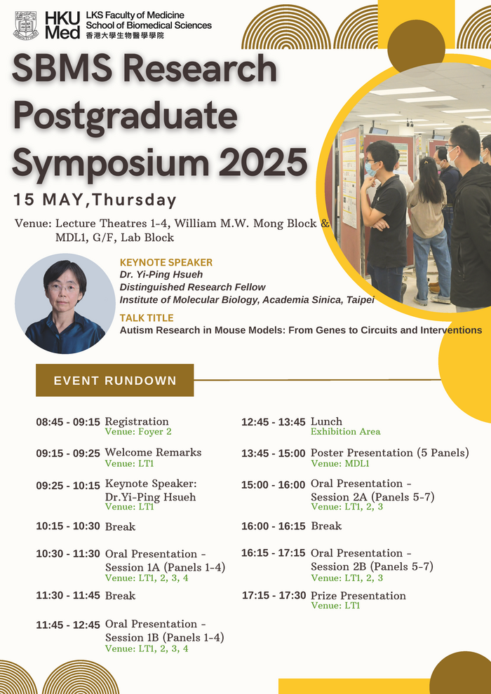 SBMS Research Postgraduate Symposium 2025 poster_Invited speaker Dr. Yi-Ping Hsueh and event rundown